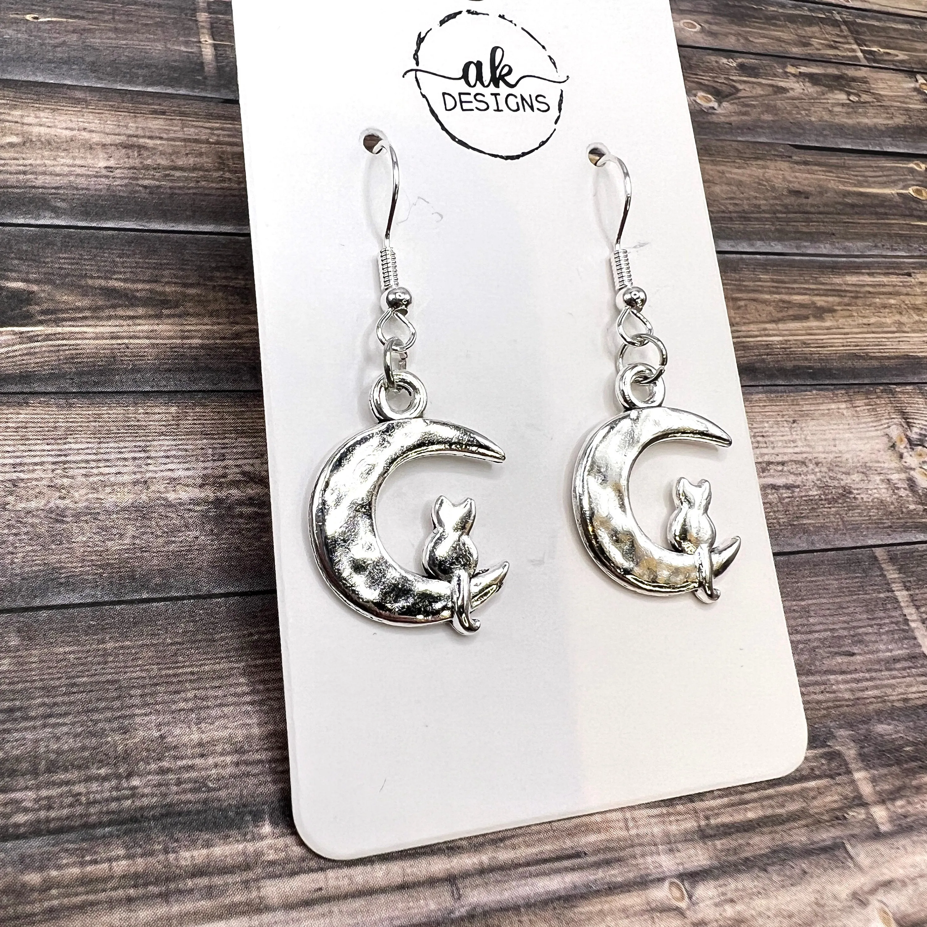 Silver Cat and Moon  Earrings Petite Lightweight Hypoallergenic Hooks, Option for Sterling Silver Hooks Available