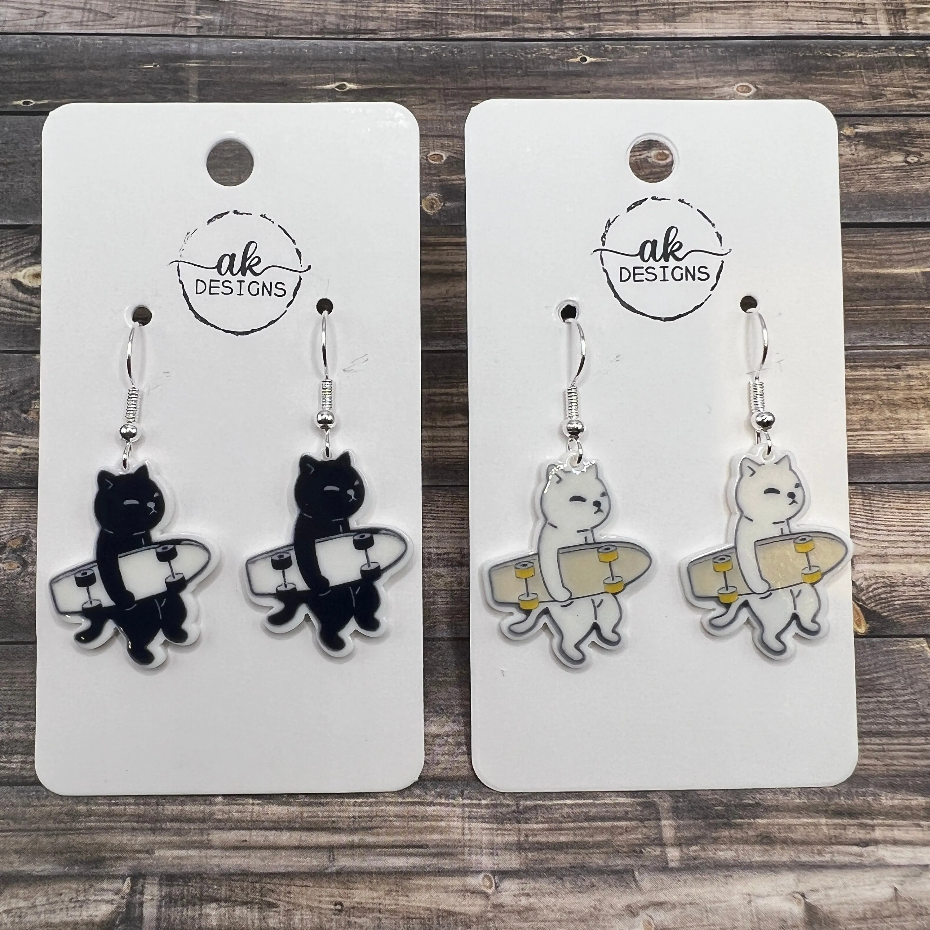 Skateboard Skater Boi Black or White Cat  Earrings, Hypoallergenic Lightweight - Clearance
