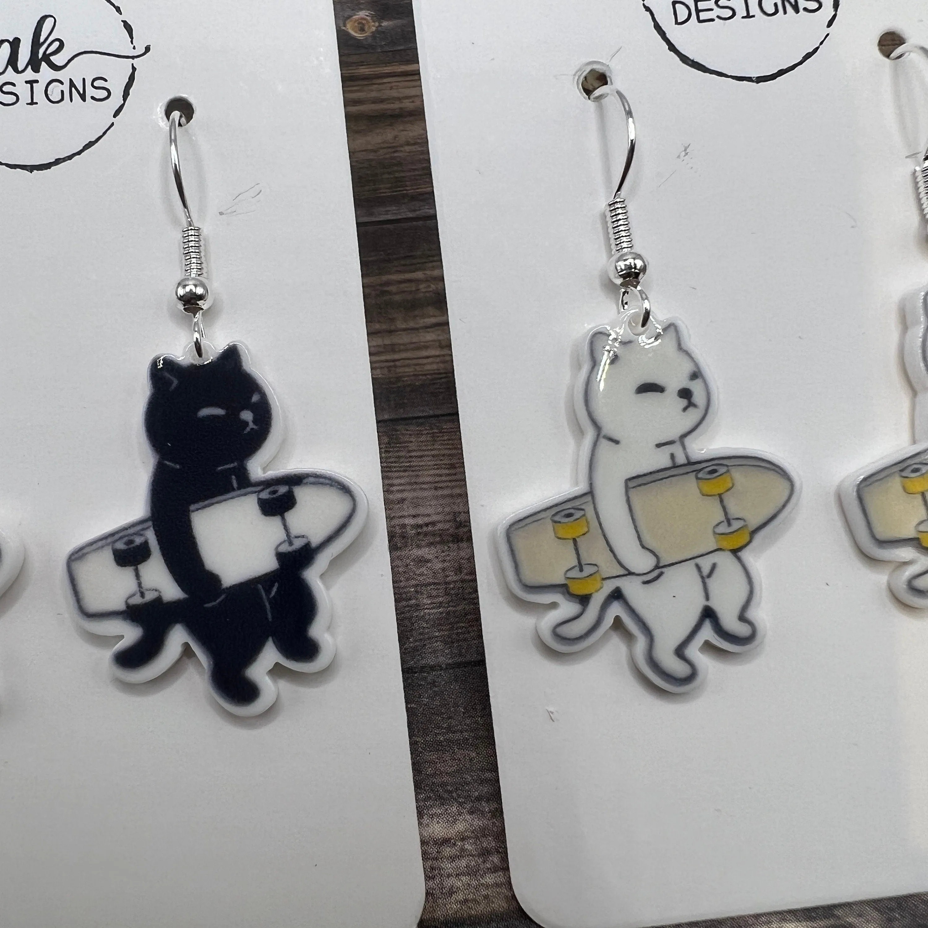 Skateboard Skater Boi Black or White Cat  Earrings, Hypoallergenic Lightweight - Clearance