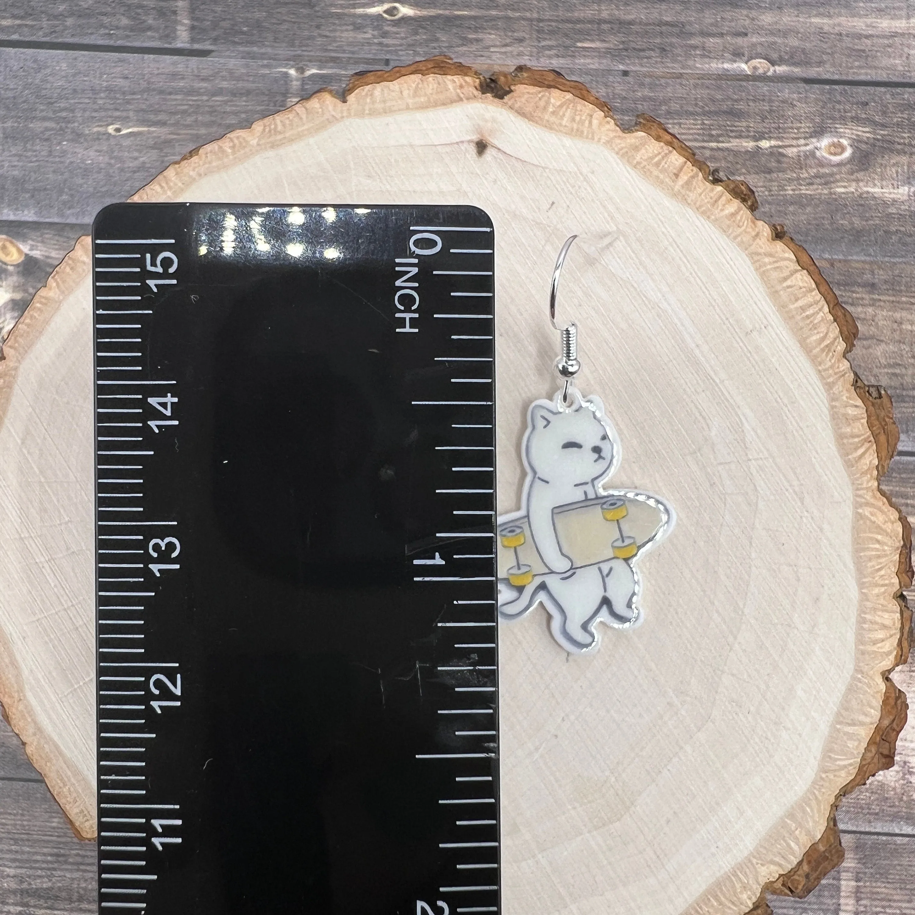 Skateboard Skater Boi Black or White Cat  Earrings, Hypoallergenic Lightweight - Clearance