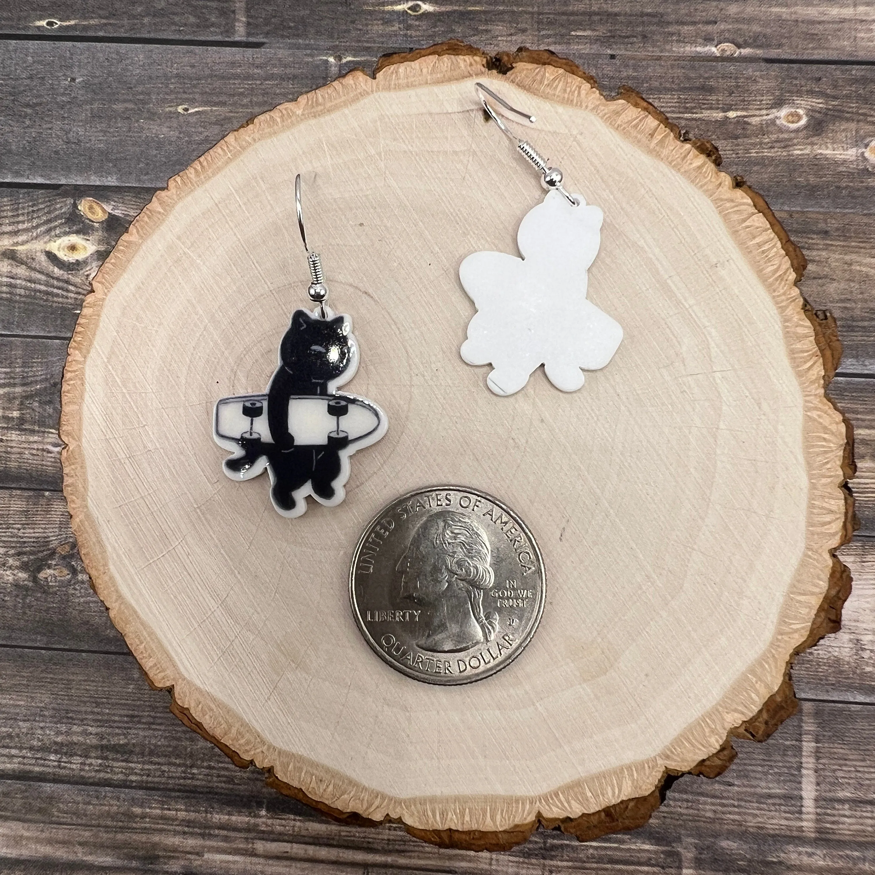 Skateboard Skater Boi Black or White Cat  Earrings, Hypoallergenic Lightweight - Clearance