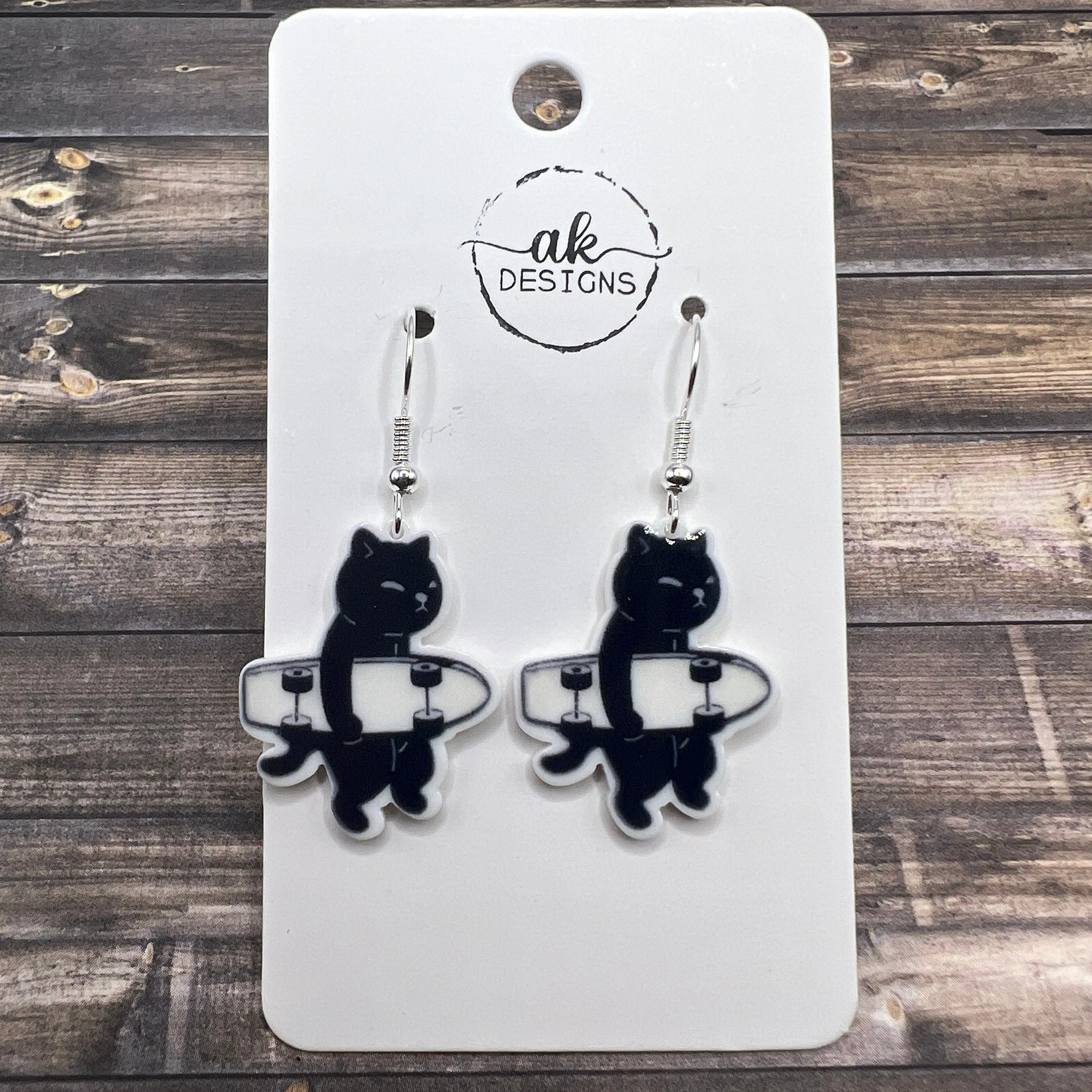 Skateboard Skater Boi Black or White Cat  Earrings, Hypoallergenic Lightweight - Clearance