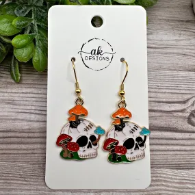 Skull and Mushroom Goldtone Enamel  Earrings, Hypoallergenic Stainless Steel, Boho Hippie Goth Era