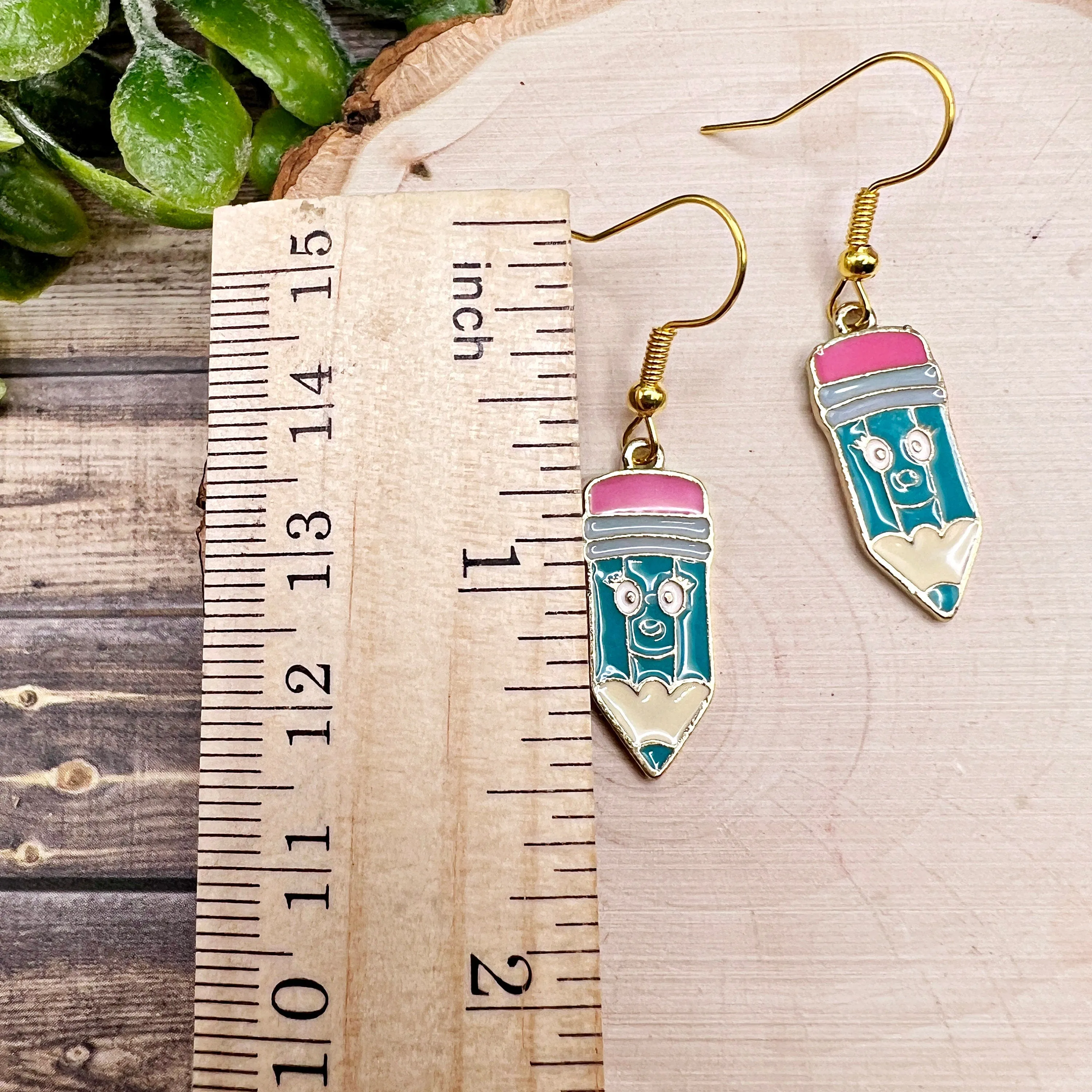 Smiling Pencil Student Teacher Back 2 School Kawaii Enamel Goldtone  Earrings, Hypoallergenic Gift