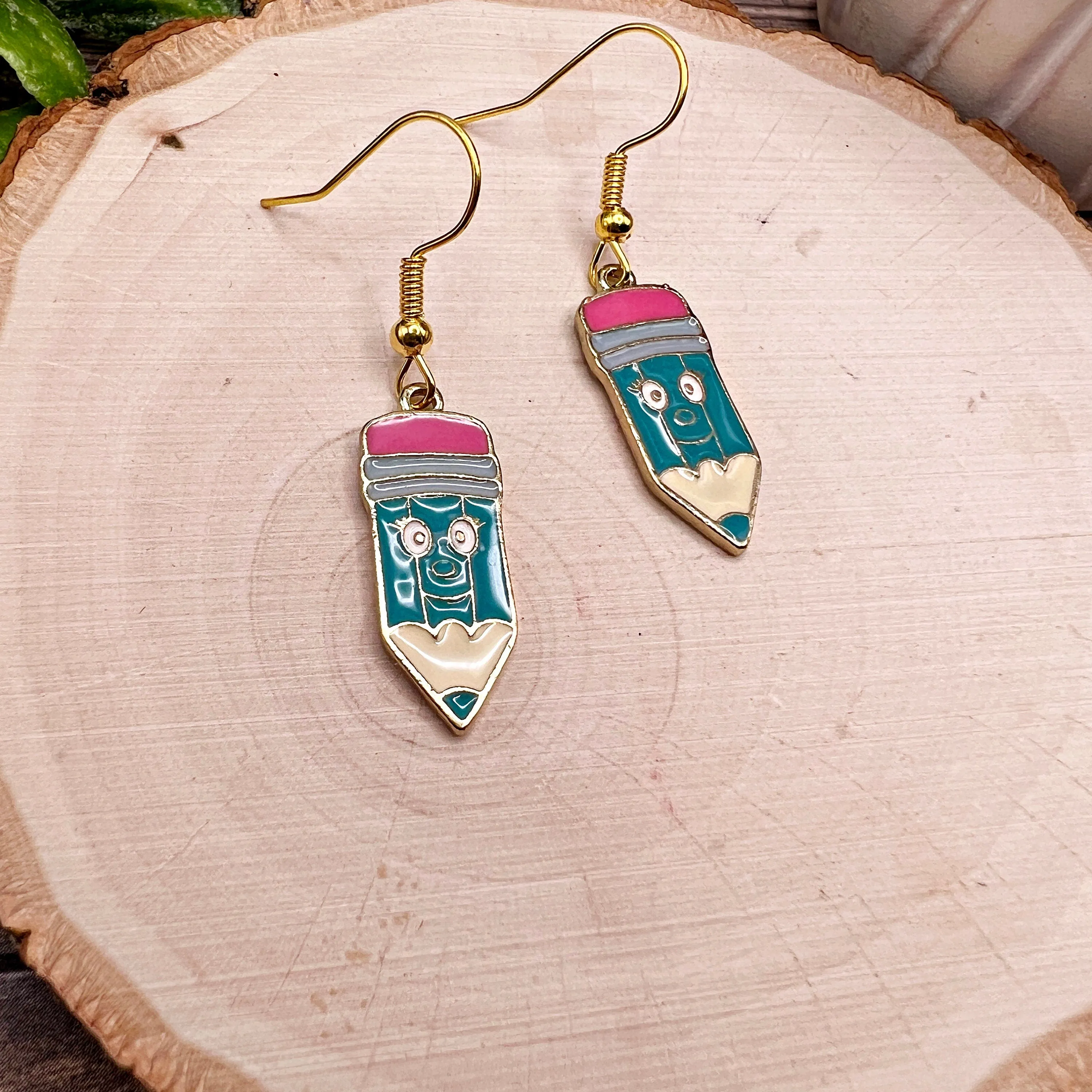 Smiling Pencil Student Teacher Back 2 School Kawaii Enamel Goldtone  Earrings, Hypoallergenic Gift