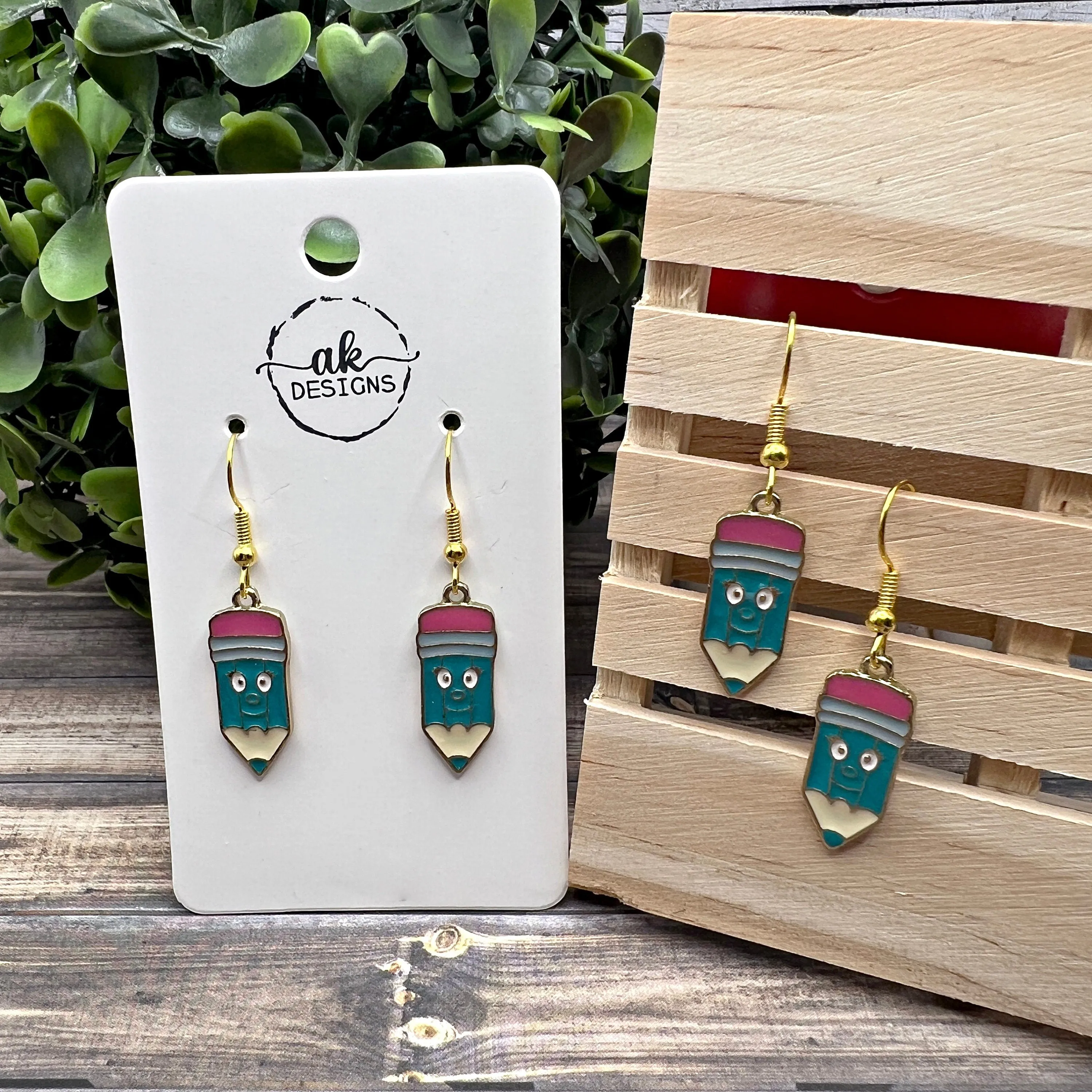 Smiling Pencil Student Teacher Back 2 School Kawaii Enamel Goldtone  Earrings, Hypoallergenic Gift