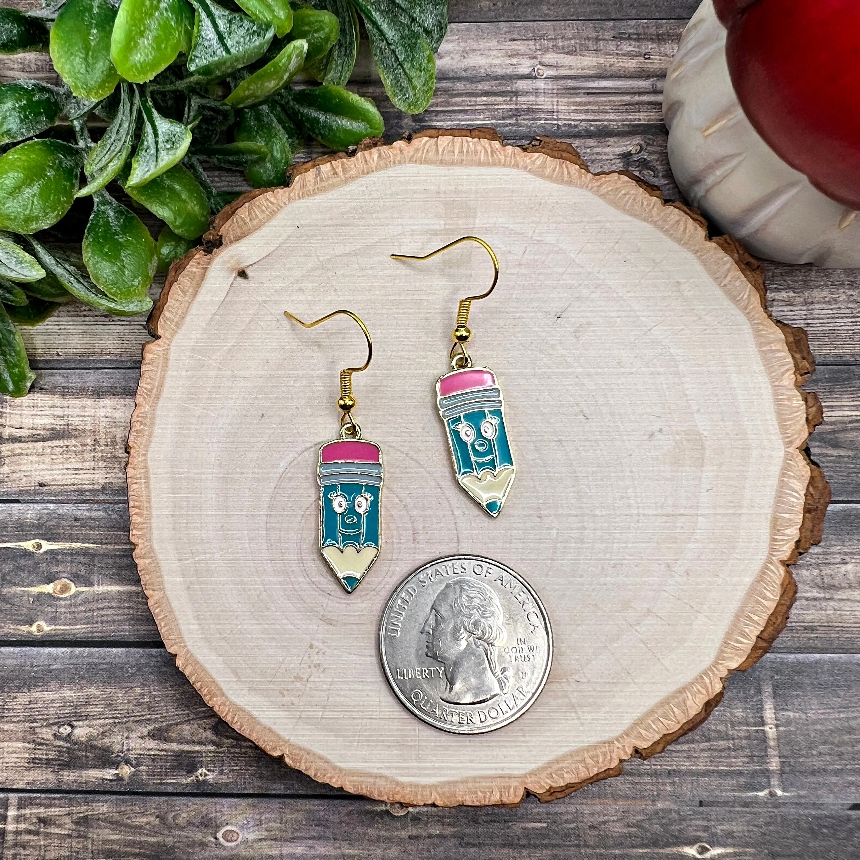 Smiling Pencil Student Teacher Back 2 School Kawaii Enamel Goldtone  Earrings, Hypoallergenic Gift