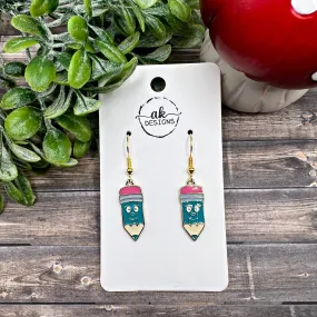 Smiling Pencil Student Teacher Back 2 School Kawaii Enamel Goldtone  Earrings, Hypoallergenic Gift
