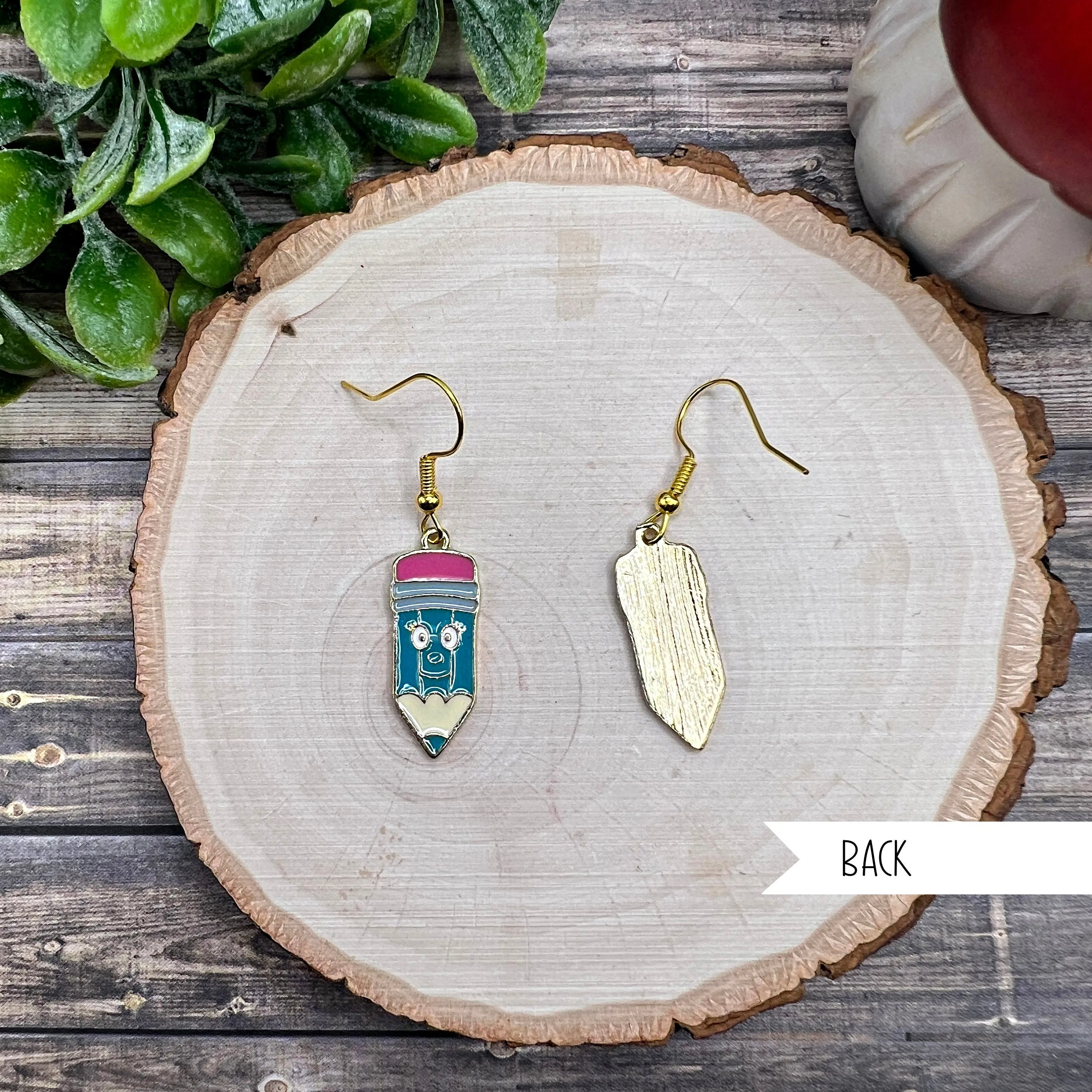Smiling Pencil Student Teacher Back 2 School Kawaii Enamel Goldtone  Earrings, Hypoallergenic Gift