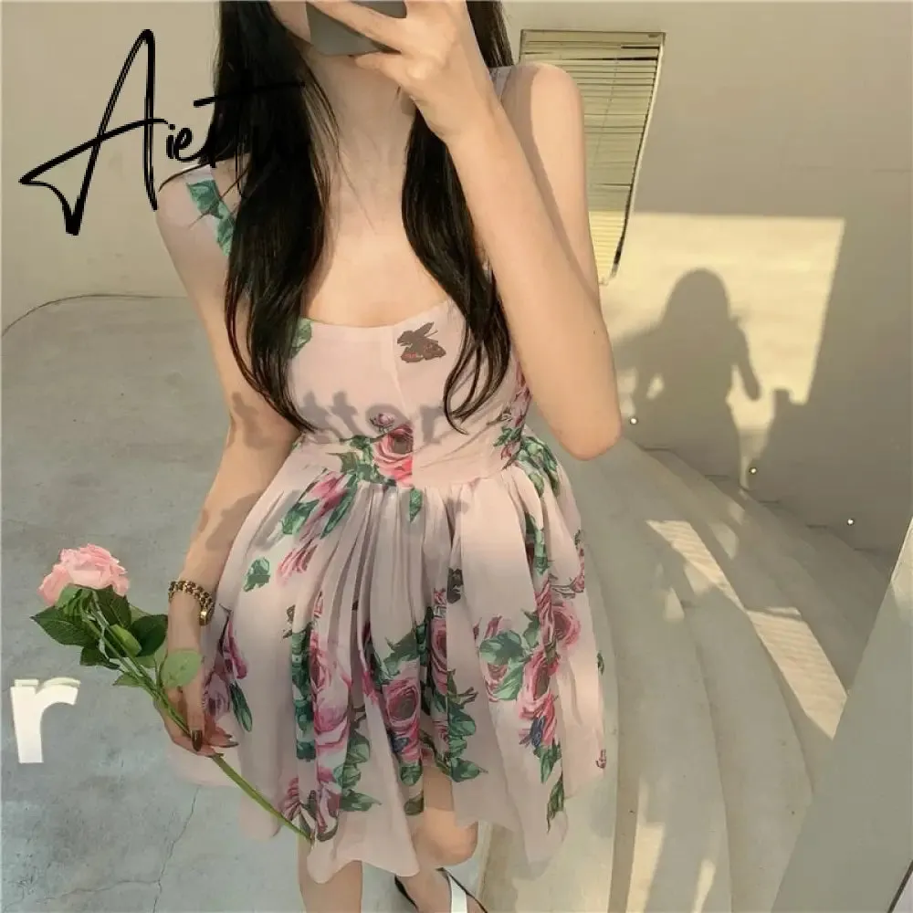 Spaghetti Strap Dress Summer Blooming Floral Print Ruffles Mini Slip Dress Women Chic  Lady Sleeveless Beach Dress Sundress