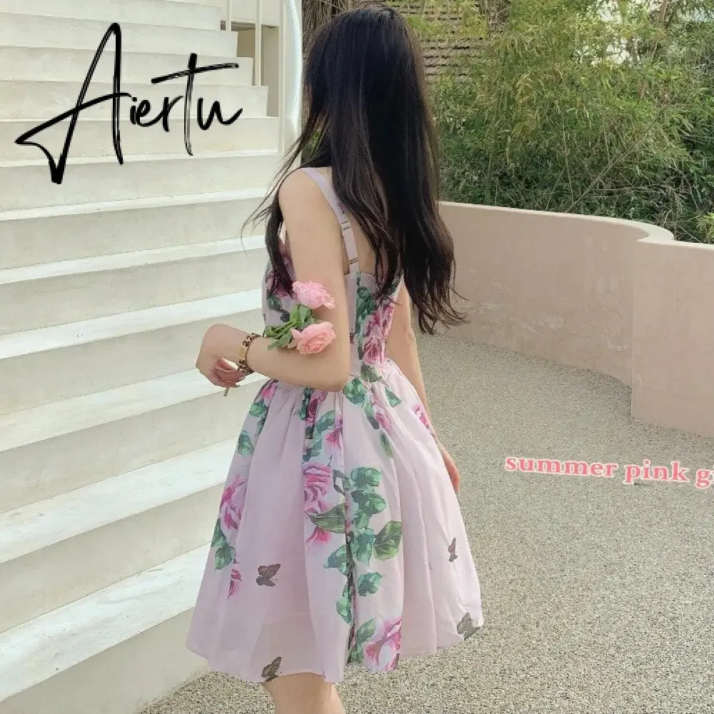 Spaghetti Strap Dress Summer Blooming Floral Print Ruffles Mini Slip Dress Women Chic  Lady Sleeveless Beach Dress Sundress