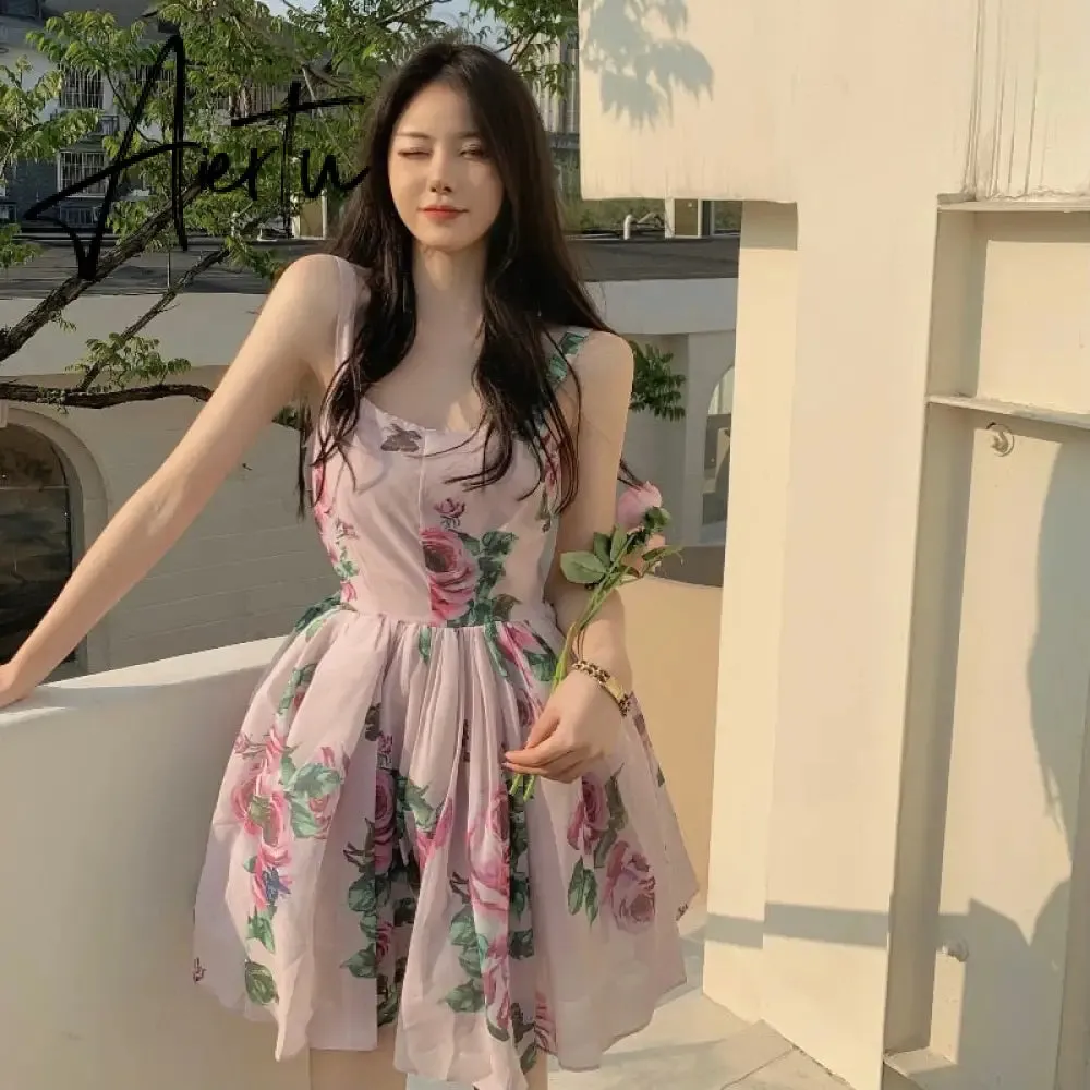 Spaghetti Strap Dress Summer Blooming Floral Print Ruffles Mini Slip Dress Women Chic  Lady Sleeveless Beach Dress Sundress