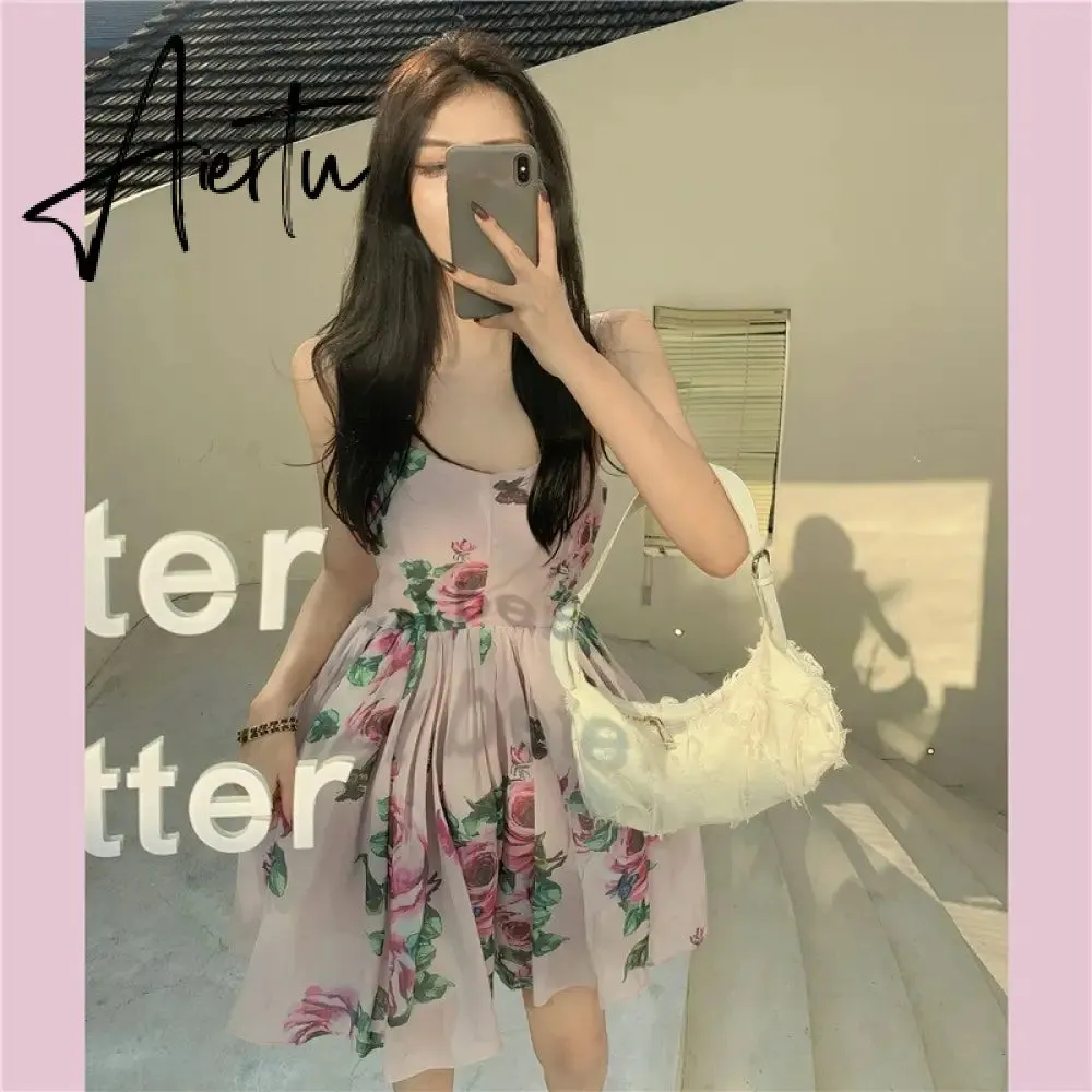 Spaghetti Strap Dress Summer Blooming Floral Print Ruffles Mini Slip Dress Women Chic  Lady Sleeveless Beach Dress Sundress