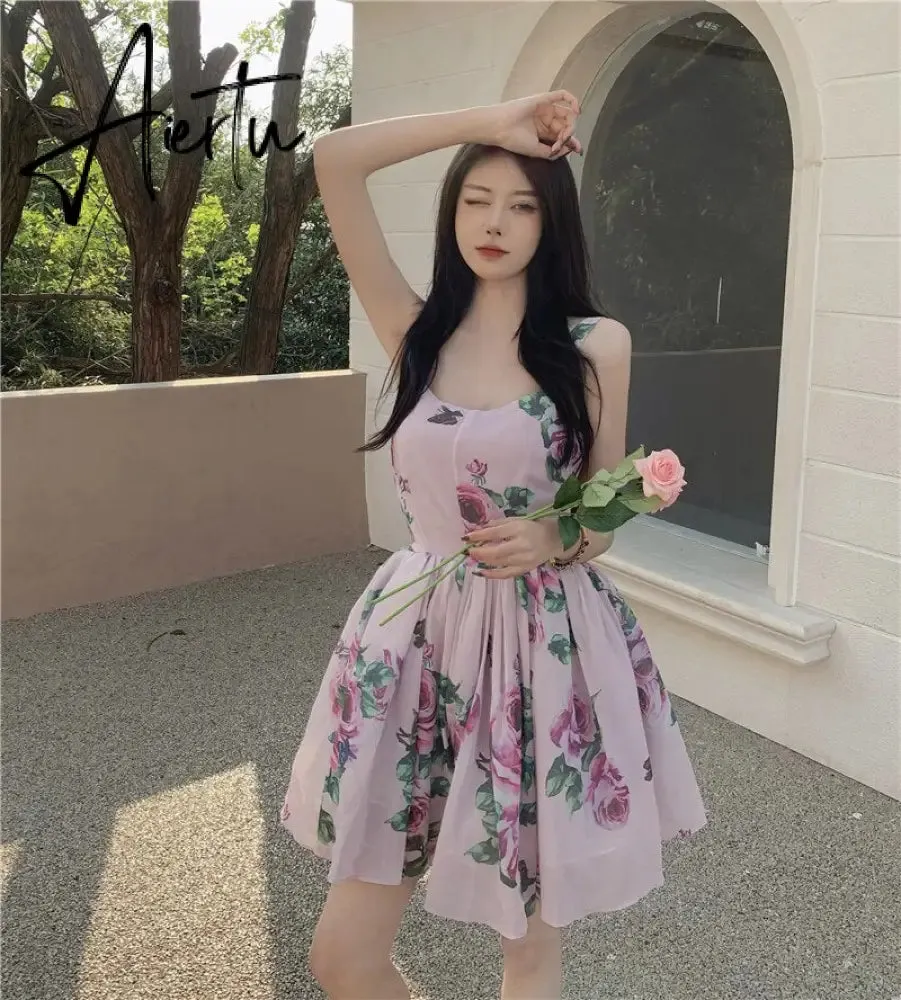Spaghetti Strap Dress Summer Blooming Floral Print Ruffles Mini Slip Dress Women Chic  Lady Sleeveless Beach Dress Sundress