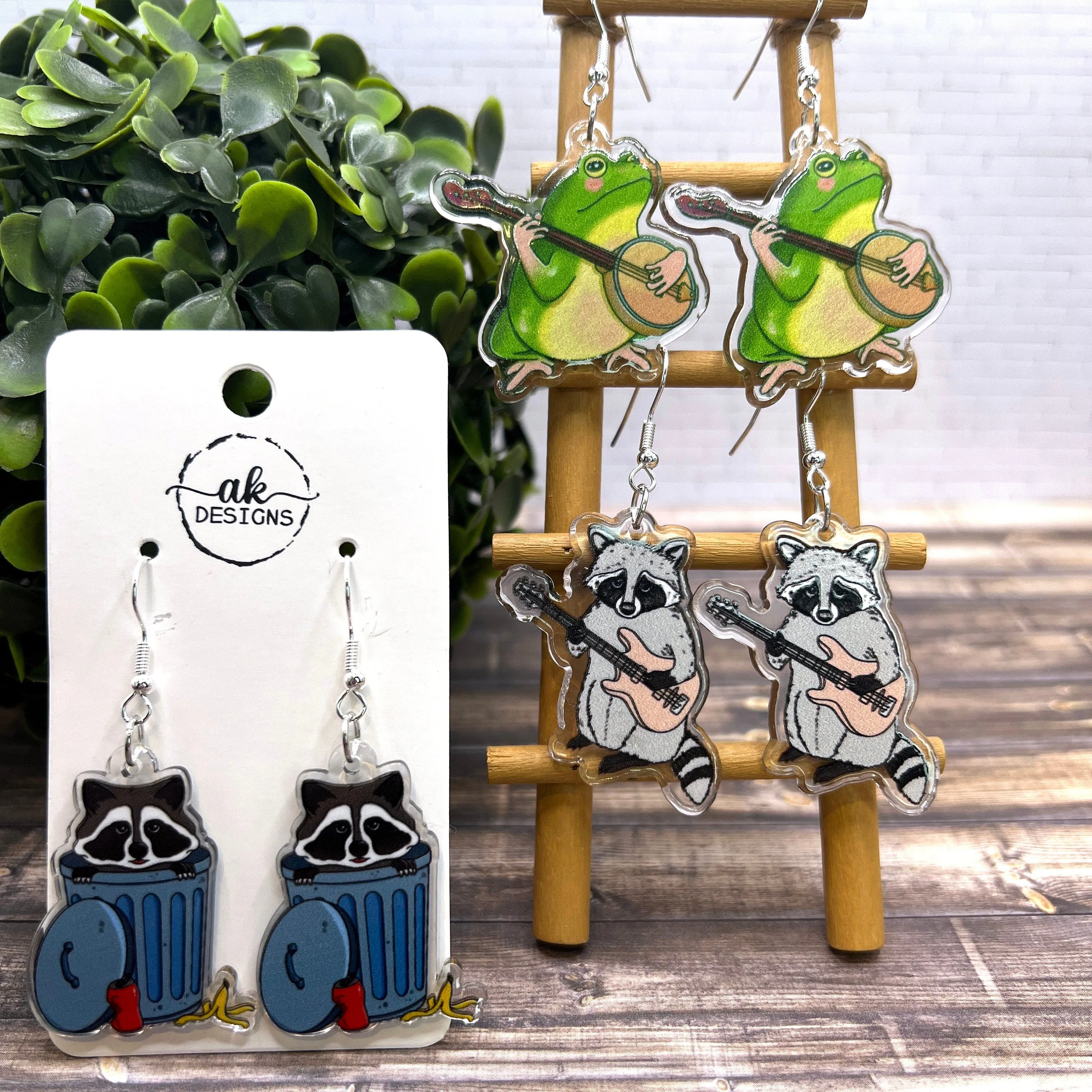 Trash Panda Raccoon Frog Musical Guitar Banjo Acrylic Animal Hypoallergenic  Earrings - Animal
