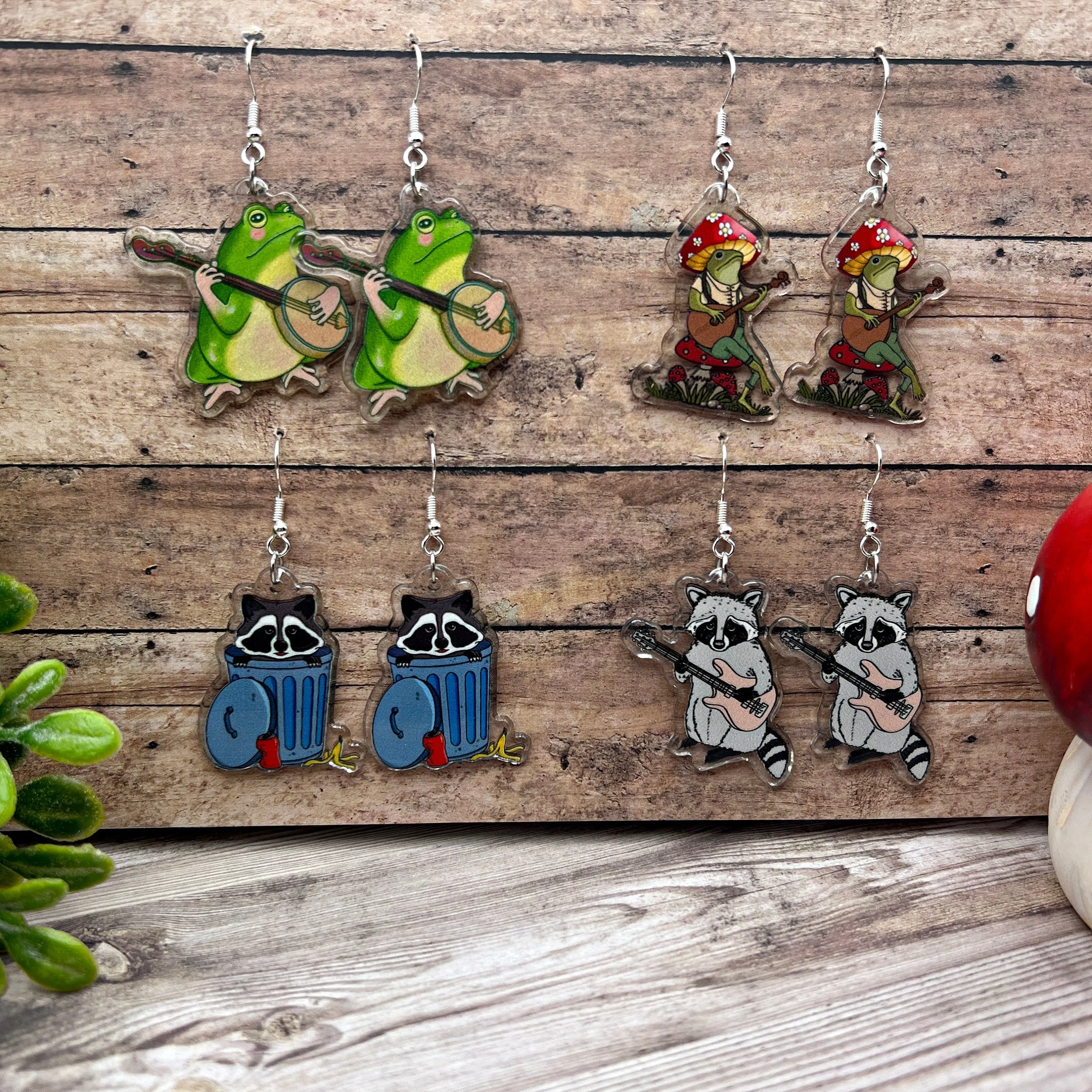 Trash Panda Raccoon Frog Musical Guitar Banjo Acrylic Animal Hypoallergenic  Earrings - Animal