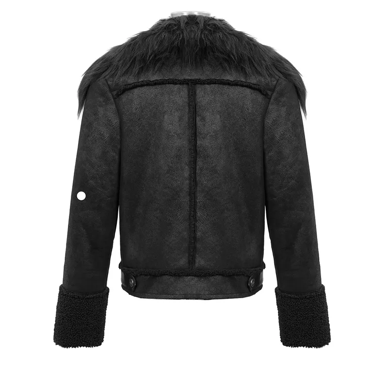 US SALE of Black Zipper Jacket with Studs and Buckles / Gothic Fur Collar Jacket