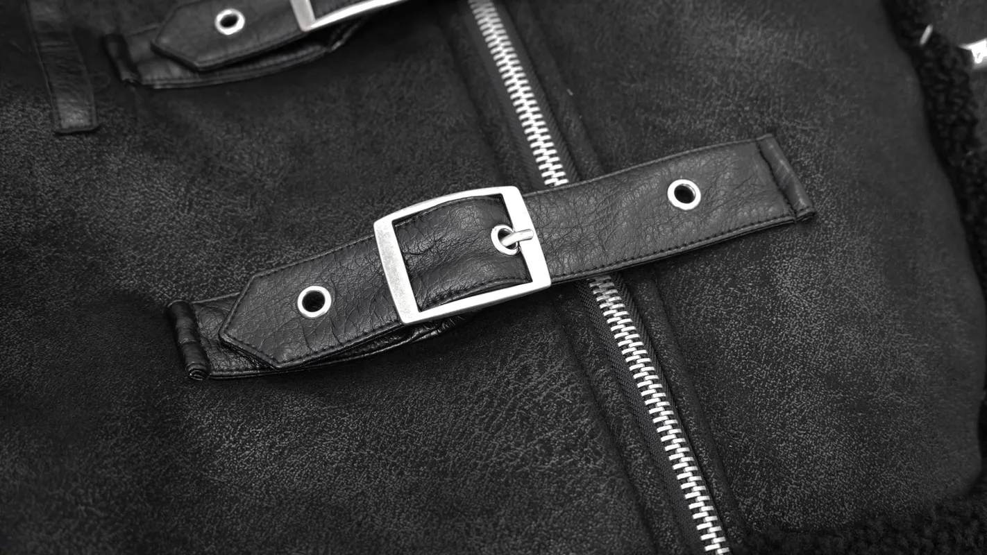 US SALE of Black Zipper Jacket with Studs and Buckles / Gothic Fur Collar Jacket