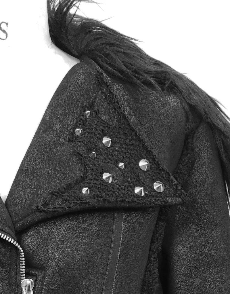 US SALE of Black Zipper Jacket with Studs and Buckles / Gothic Fur Collar Jacket