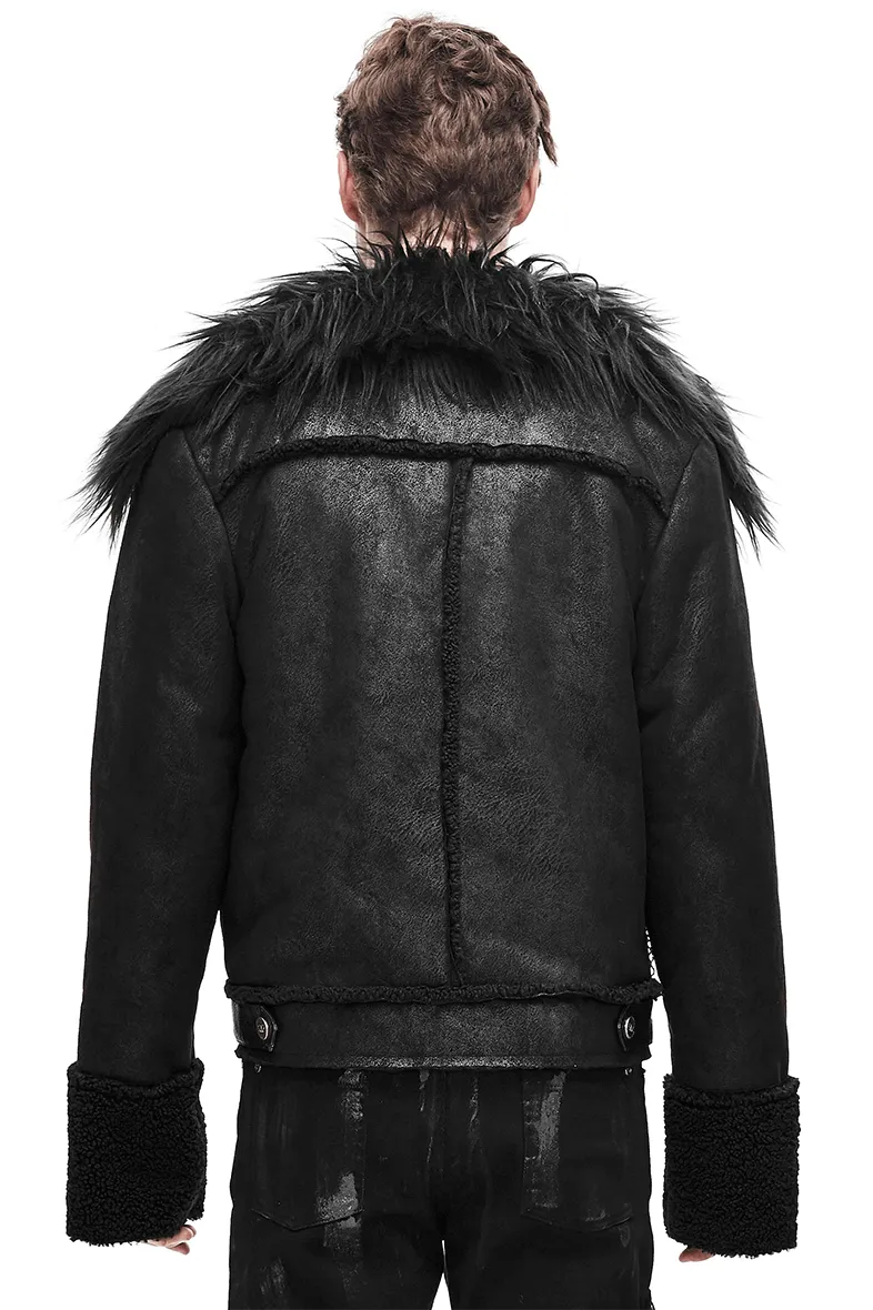 US SALE of Black Zipper Jacket with Studs and Buckles / Gothic Fur Collar Jacket