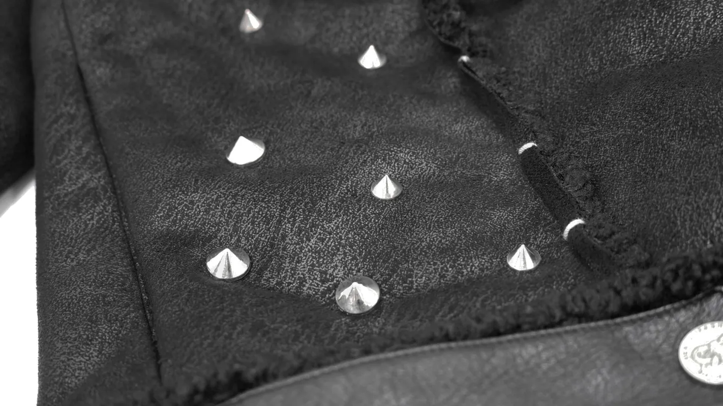 US SALE of Black Zipper Jacket with Studs and Buckles / Gothic Fur Collar Jacket