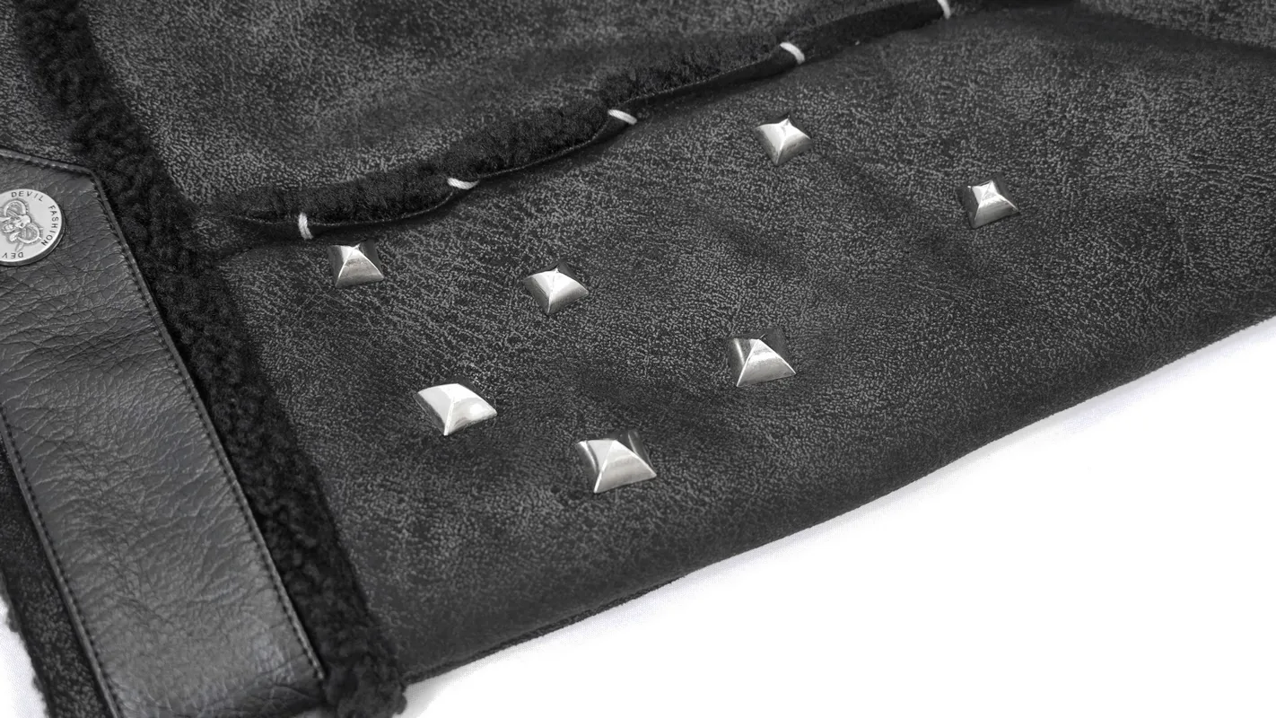 US SALE of Black Zipper Jacket with Studs and Buckles / Gothic Fur Collar Jacket