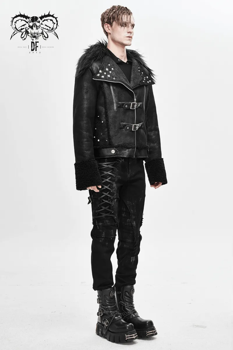 US SALE of Black Zipper Jacket with Studs and Buckles / Gothic Fur Collar Jacket