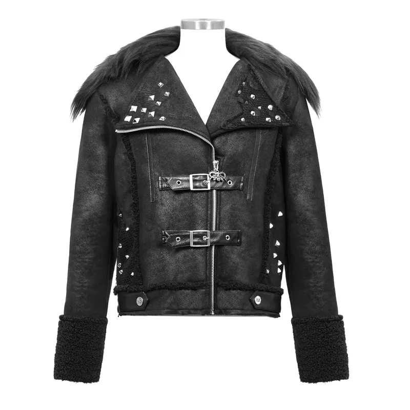 US SALE of Black Zipper Jacket with Studs and Buckles / Gothic Fur Collar Jacket