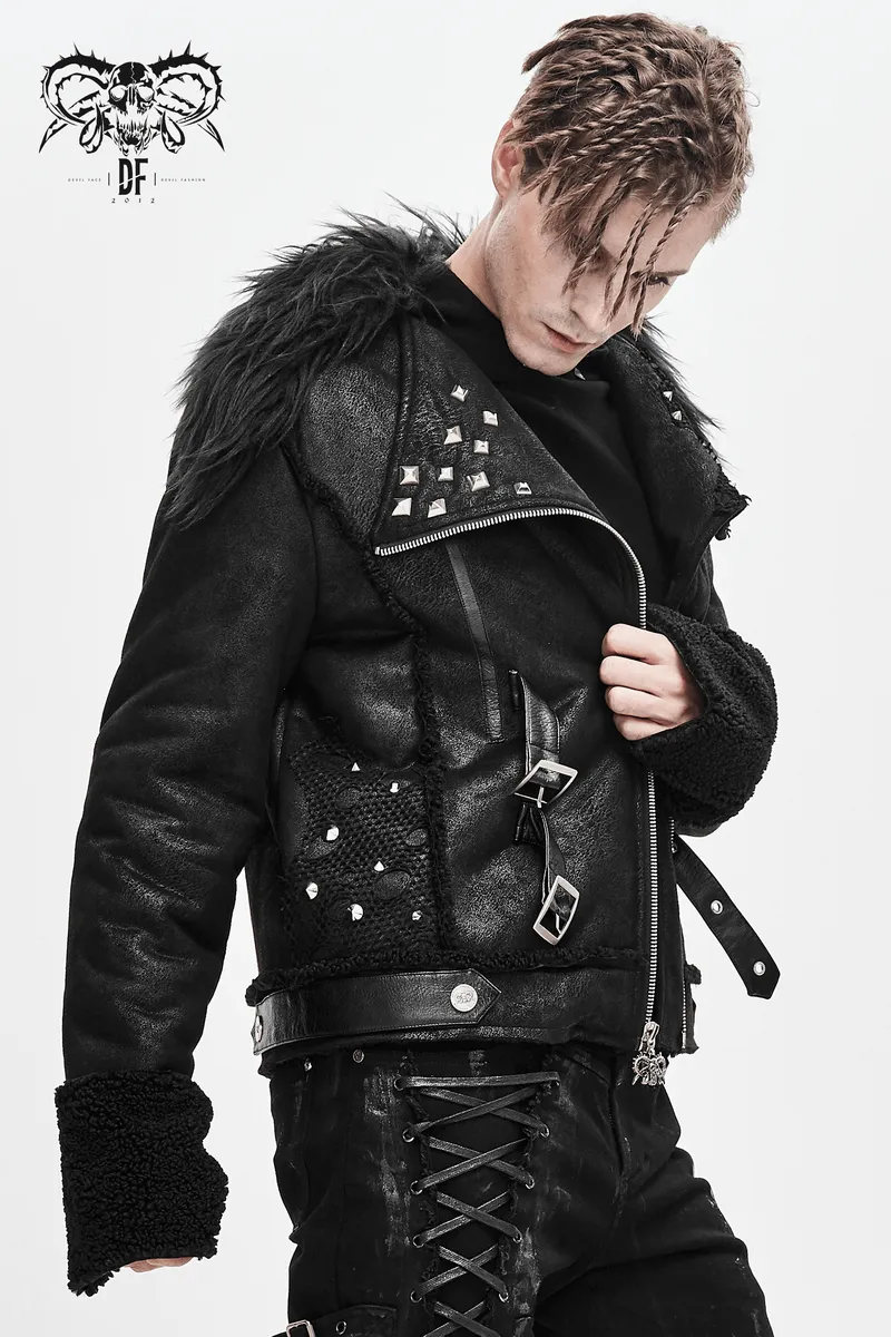 US SALE of Black Zipper Jacket with Studs and Buckles / Gothic Fur Collar Jacket