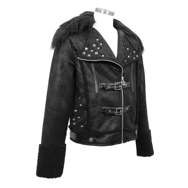 US SALE of Black Zipper Jacket with Studs and Buckles / Gothic Fur Collar Jacket