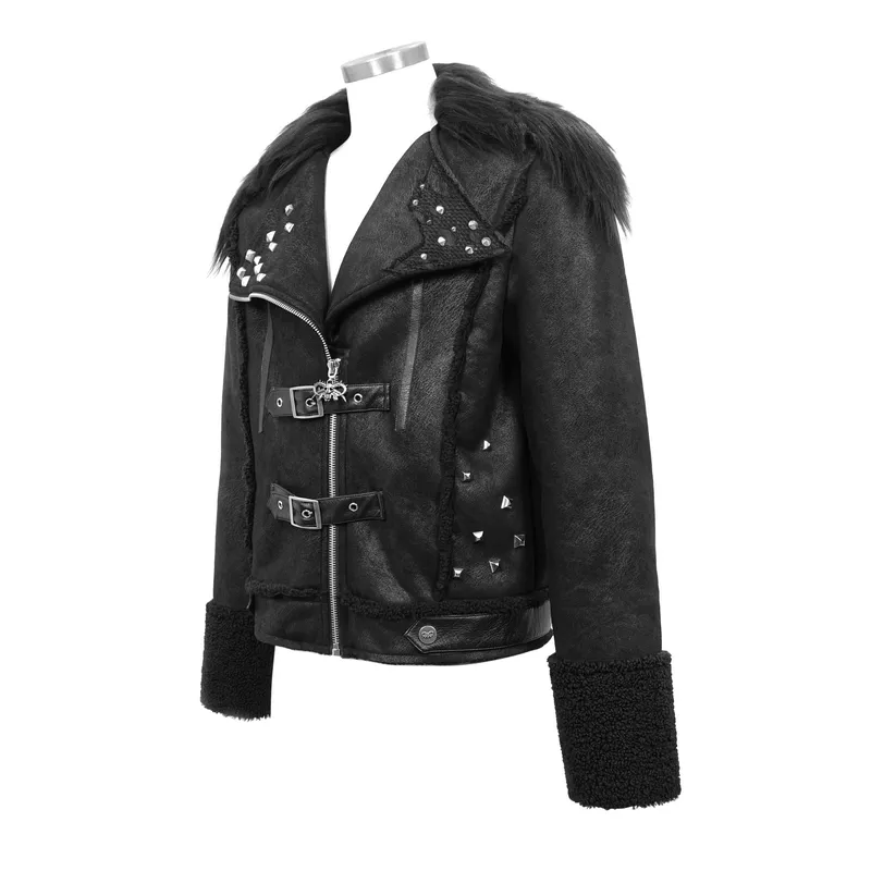 US SALE of Black Zipper Jacket with Studs and Buckles / Gothic Fur Collar Jacket