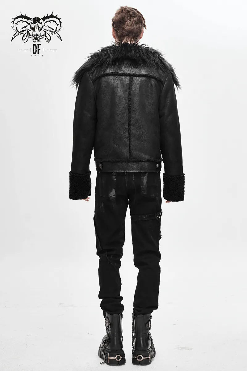 US SALE of Black Zipper Jacket with Studs and Buckles / Gothic Fur Collar Jacket