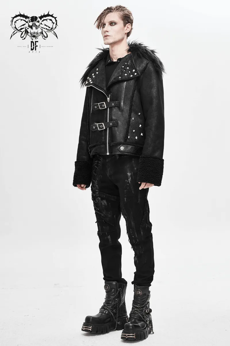 US SALE of Black Zipper Jacket with Studs and Buckles / Gothic Fur Collar Jacket