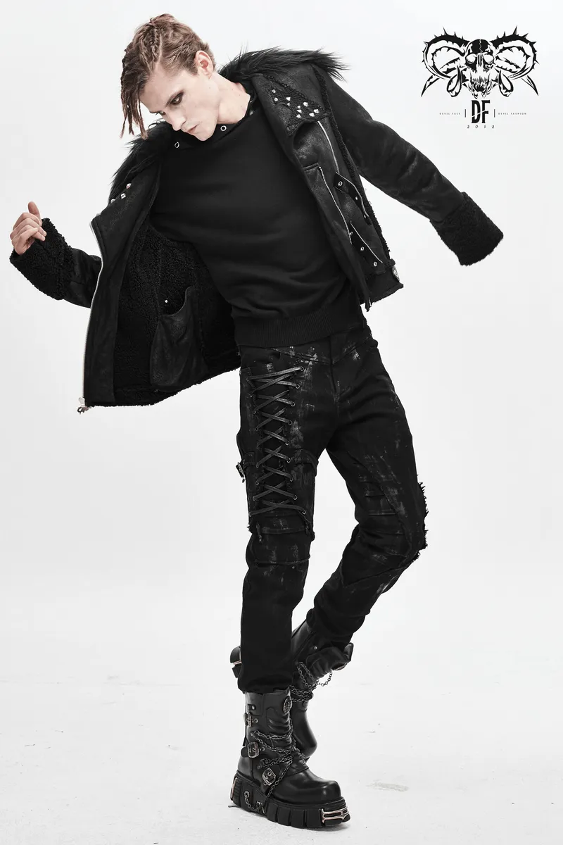 US SALE of Black Zipper Jacket with Studs and Buckles / Gothic Fur Collar Jacket