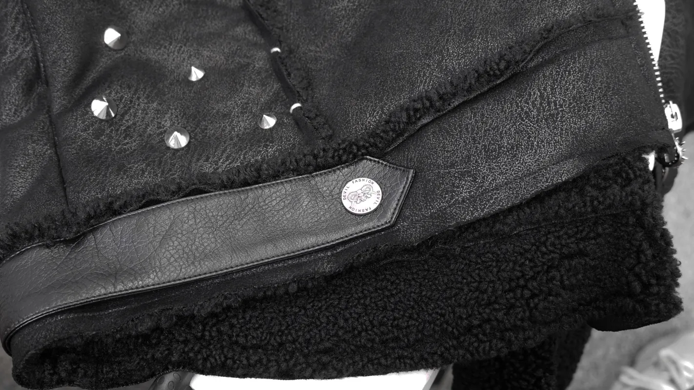 US SALE of Black Zipper Jacket with Studs and Buckles / Gothic Fur Collar Jacket