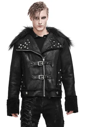 US SALE of Black Zipper Jacket with Studs and Buckles / Gothic Fur Collar Jacket