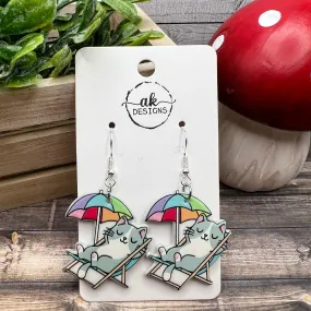Vacationing Beach Chair Relaxing Grey and White Acrylic Cat  Earrings, Hypoallergenic Gift