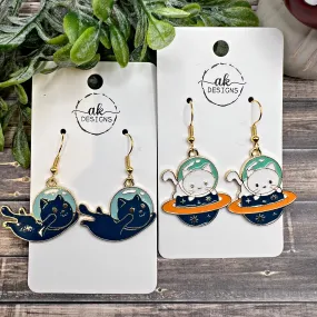 White Blue Kitty Astronaut Cat Space Exploration Planetary Goldtone  Earrings, Hypoallergenic Gift